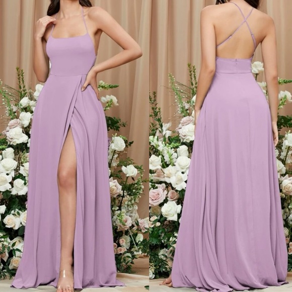 Luxe dusty blue crisscross back slit thigh party bridesmaids formal maxi dress - Picture 13 of 16